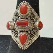 Tibetan Style Large Sterling Silver Red Coral Wide Adjustable Ring SZ 9.5