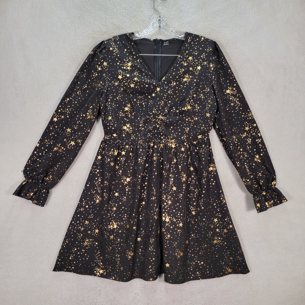 Black Starry Night Glitter V Neck Flowy Fit Flare Dressy Womens