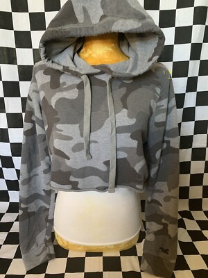 HOLLISTER Logo CAMO Hoodie GRAY BLACK Camouflage CROPPED Sweatshirt Sz M 