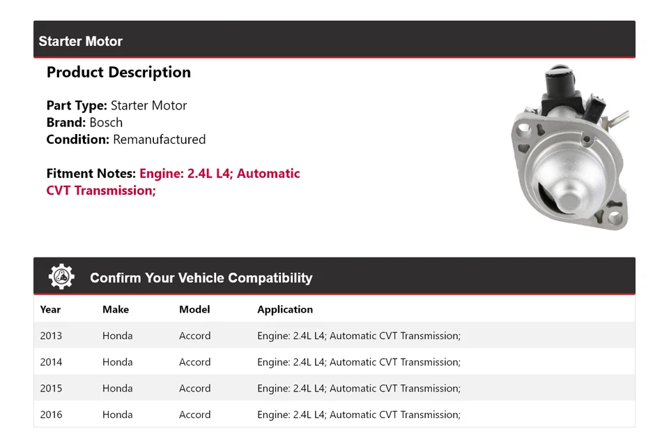 For 2013-2016 Honda Accord 2.4L L4 Bosch Starter (Remanufactured) 2014 2015 - Image 2 of 4