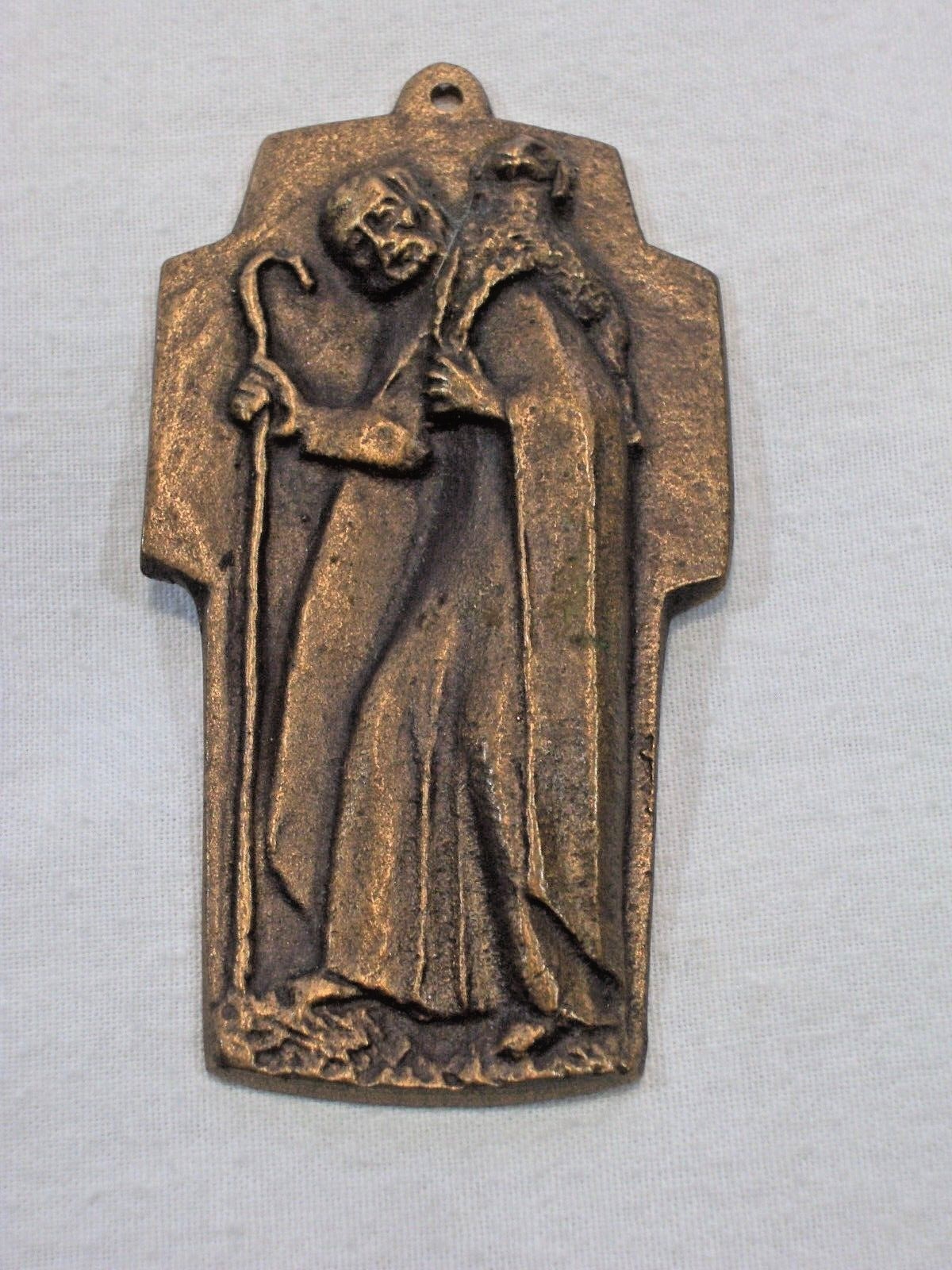 Jesus mit Stab Schaf auf dem Rücken Plakette Medaille Reliefbild Bronze Messing