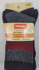 Wrangler Boys Socks Shoe M 9-2 1/2 Crew Outdoors Black Grey Red 2-Pairs New