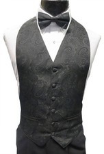 Medium Boys Black Paisley Double Breasted Tuxedo Openback Vest Tie Wedding