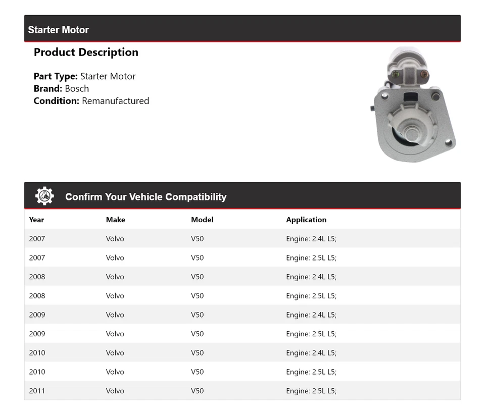 For 2007-2011 Volvo V50 Bosch Starter (Remanufactured) 2008 2009 2010 - Imagem 2 de 4