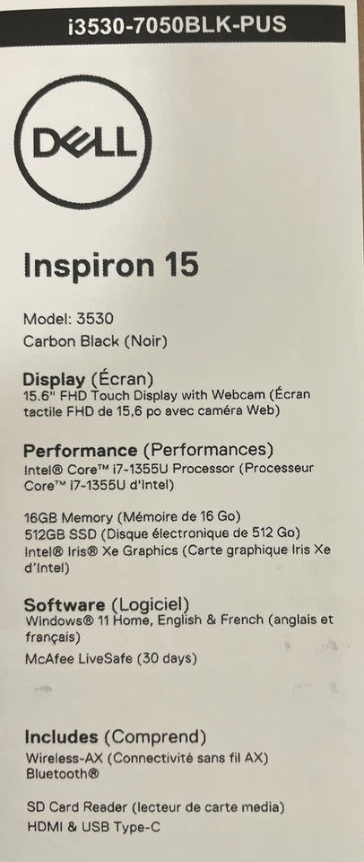 NEW Dell Inspiron 15.6" Touchscreen Laptop i3530-7050BLK-PUS 16GB RAM 512GB SSD - Image 2 of 4