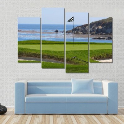 Oceanfront Golf Course With Flag 4 Piece Panel Canvas Wall Art Photo Decor