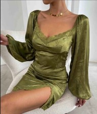 Shein Jacquard Lantern Sleeve Lace Trim Satin Dress Split Hem Mini Dress Green M