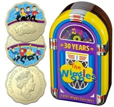 Australia 2021 30c 30 Years Wiggles Coloured UNC Scalloped 2-Coin in Jukebox Tin