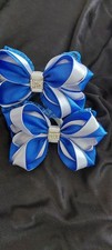 Blue White Rhinestone Hair Bows Set of 2 Girls Fabric Plastic