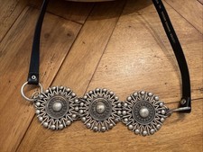 Chico  s Leather Silver Tone Concho Adjustable Belt M/L Black Statement Belt