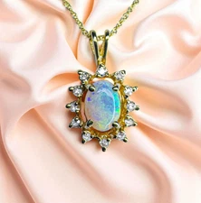 VINTAGE- 14K Gold -White Opal & Halo Diamond Necklace -18" Rainbow Opal Necklace