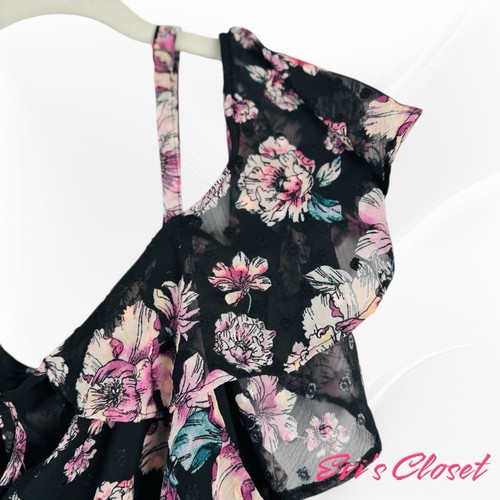 Torrid Black Pink Floral Chiffon Sz 2 18/20 Cold Shoulder Short Sleeve Top - 第 5/9 張圖片