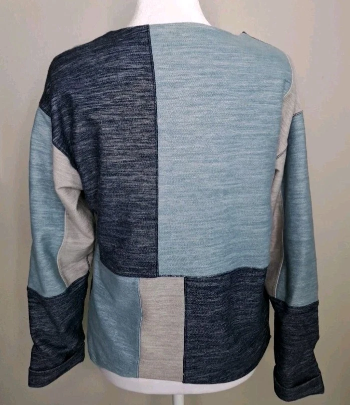 Jigsaw Sweatshirt Top Blue Colorblock Lined Long Sleeve Patchwork Boho Small - Image 4 of 4