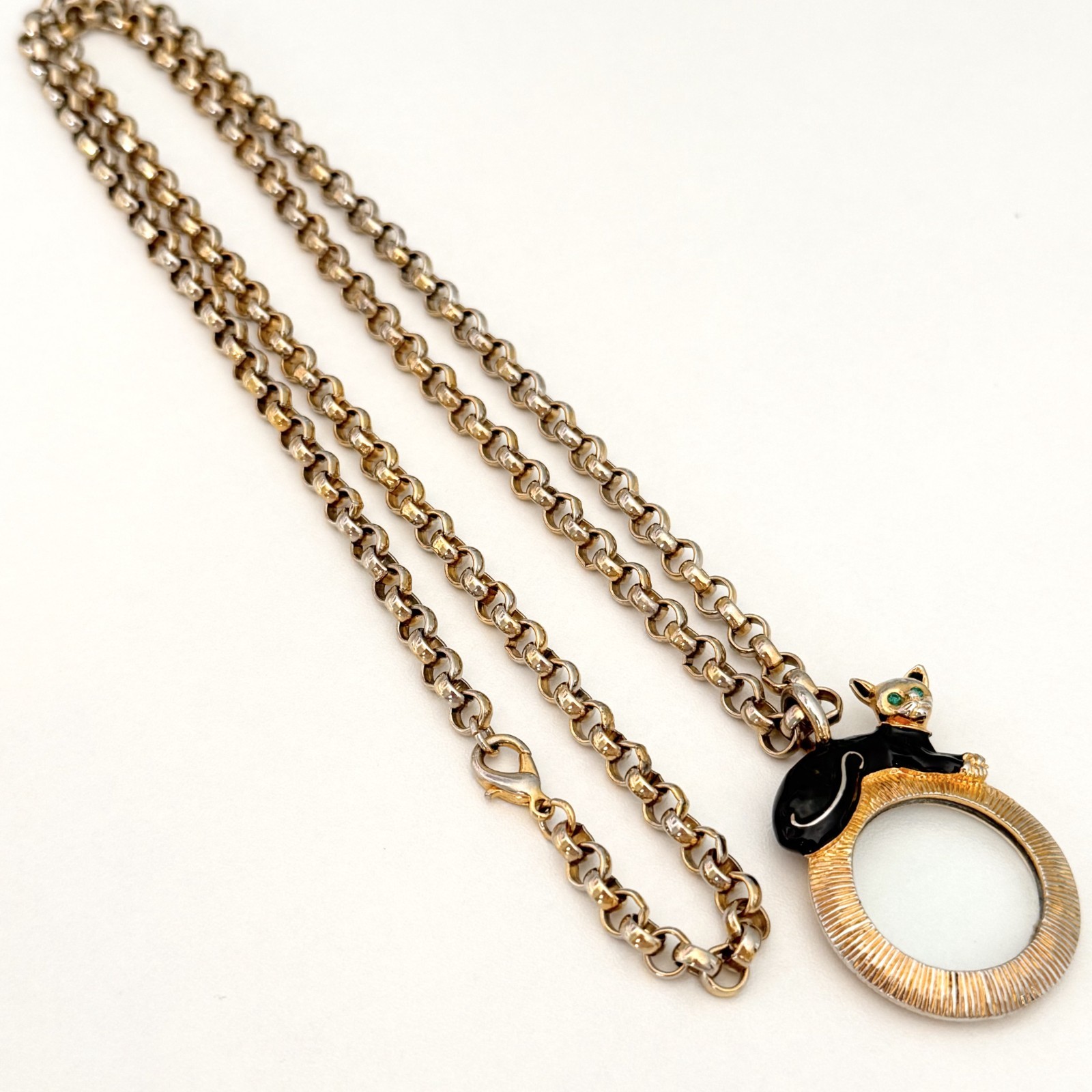Vintage Rare Carolee Black Kitty Cat Enamel Magnifying Glass Chunky Necklace