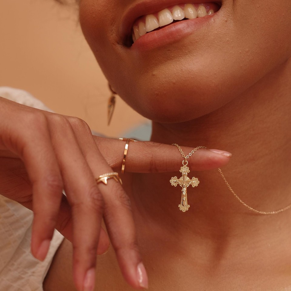 Dainty Cross Necklace For Women - 14K Gold Plated Crucifix With CZ Diamond Pendant