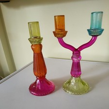 Two Multi Coloured Glass Candle Sticks Boho