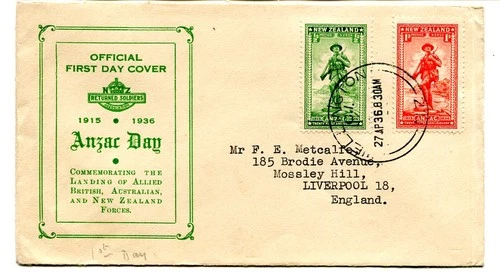New Zealand 1936 “ANZAC DAY” set of two used on illustrated first day cover