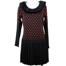 POLKA DOT PLEATED & FUR SWEATER DRESS
