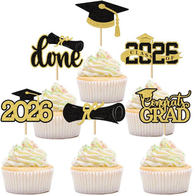 24 Pcs Graduation Cupcake Toppers 2026, Gold Glitter Grad Cupcake Topper for Gra