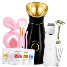Facial Steamer Nano Ionic: Face Steamer Home Spa Kit Deep Black/Gold 17Pcs set