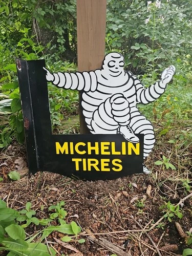 Vintage Michelin Tires Porcelain Enamel Flange Gas Oil Sign Double Sided Rare
