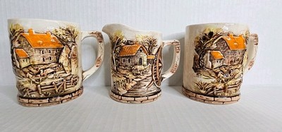 Vintage 3D Country Scene Coffee Mugs Cups Set Of 2 & Milk Mug Made in Japan