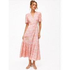 LaRoque Ruffle Wrap Mid Dress Short Sleeve Pink Micro Floral Size Small