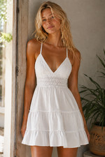 Blanco By Nature White Tiered Mini Dress Boho Open Back Tie Peru Cotton Size M
