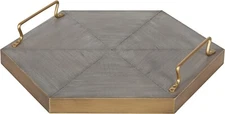 Kate and Laurel Sade Decorative Hexagon Tray with Handles, 16", Gold/Gray 