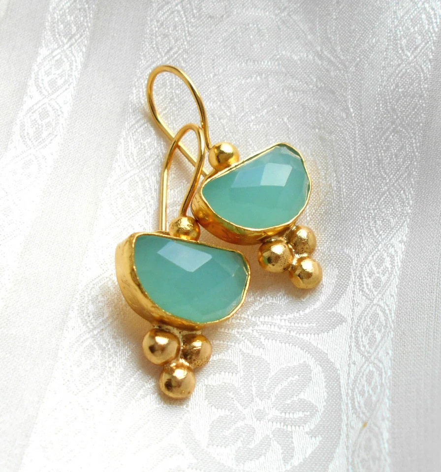 Ohrhänger Ohrring Aqua chalcedon Messing Vergoldet ca. 3,5 cm lang + Box IFE77F