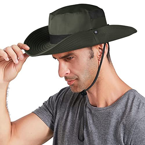Men Sun Hat UV Protection Wide Brim Summer Hat Waterproof One Size Army Green - Picture 5 of 7