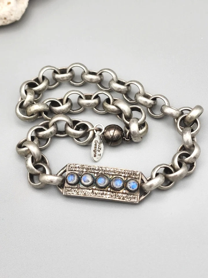 Brazalete/gargantilla SuZy T Haute Chic piedra lunar y diamante cadena gruesa doble envoltura Foto 2 de 4