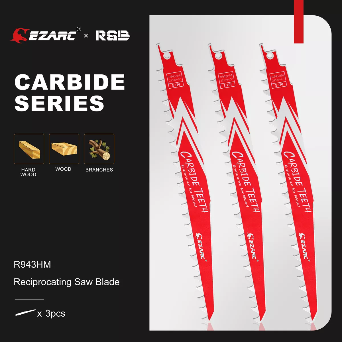 3PACK 9 Inch 3TPI EZARC Carbide Reciprocating Saw Blade Endurance