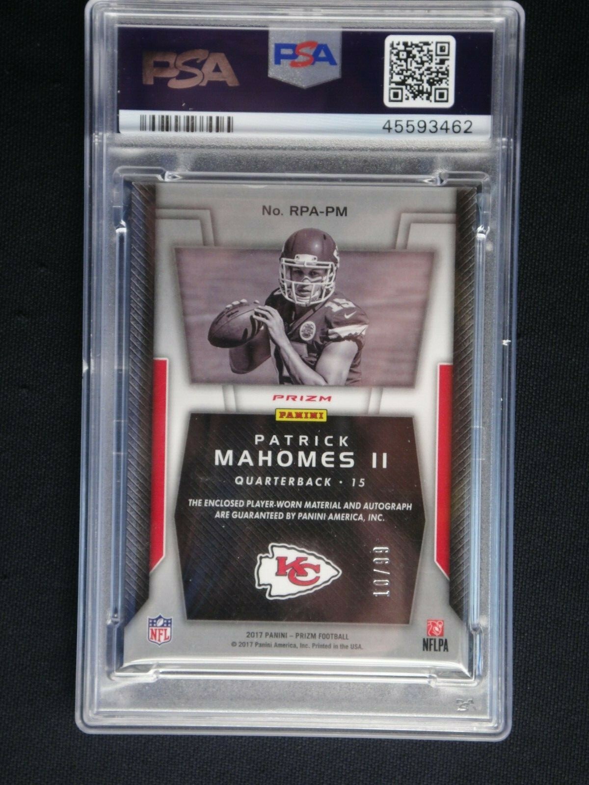 PATRICK MAHOMES 2017 PANINI PRIZM PSA 9 ROOKIE PATCH AUTO 10/99 MINT RPA view 3
