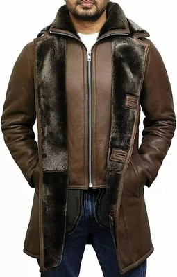 Men's RAF B3 Bomber Fur Shearling Cowhide Warm Duffle Leather Long Coat Jacket