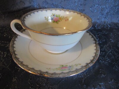 Noritake Cup & Saucer Gold & Blue Trim Flower Bouquet Red Morimura 