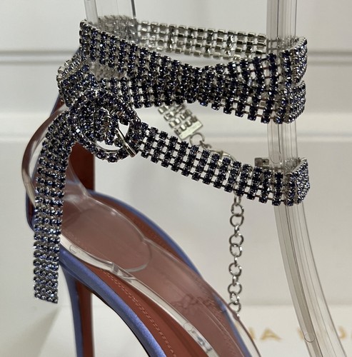 NIB Amina Muaddi Giorgia Tanzanite Crystal Ankle Wrap Sandals Pumps 37.5 $1345 - Picture 11 of 24