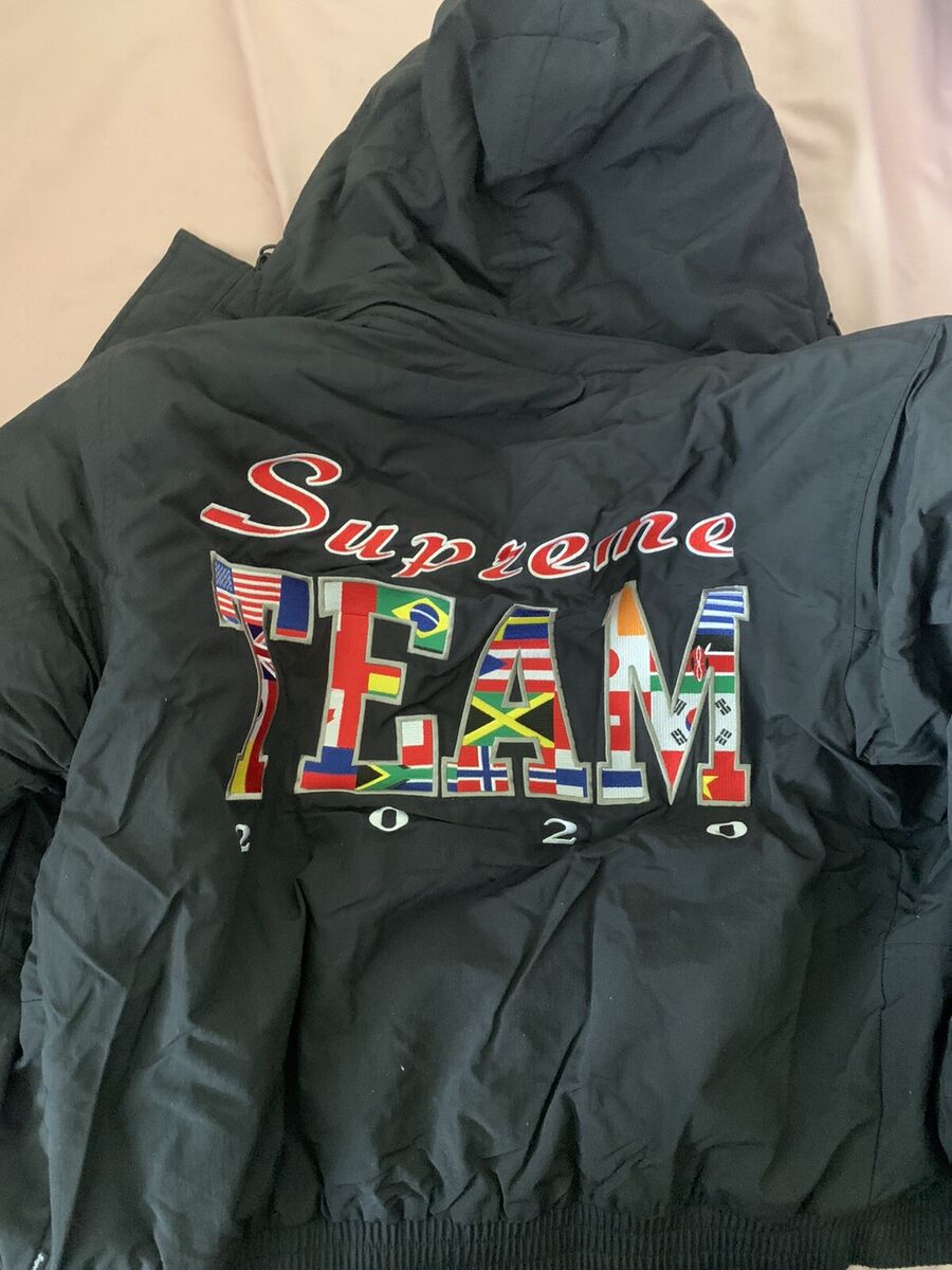NEW SUPREME TEAM PUFFY JACKET BLACK BOGO LOGO OLYMPIC FLAGS NEW SUPREME TEAM PUFFY JACKET BLACK BOGO LOGO OLYMPIC FLAGS