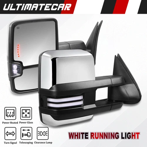 Pair Chrome Power Heated Signal Tow Mirrors For 07-14 Chevy Silverado GMC Sierra