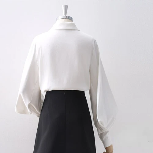 Camicia blusa donna manica a sbuffo top formale retrò bottoni casual bianco nero - Foto 10 di 18