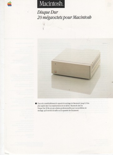 ITHistory (1986) APPLE DATASHEET: Macintosh Disque 20 Megaoctects (French)