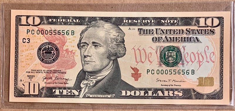 NEW UNC PC 00055656 B $10 TEN DOLLAR BILL Fancy Number TRIPLE ZERO SERIES 2017A