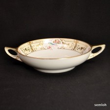 Nippon M-in-Wreath Bowl Hand Painted Pink Floral Blue Bird Raised Gold 2-Handled