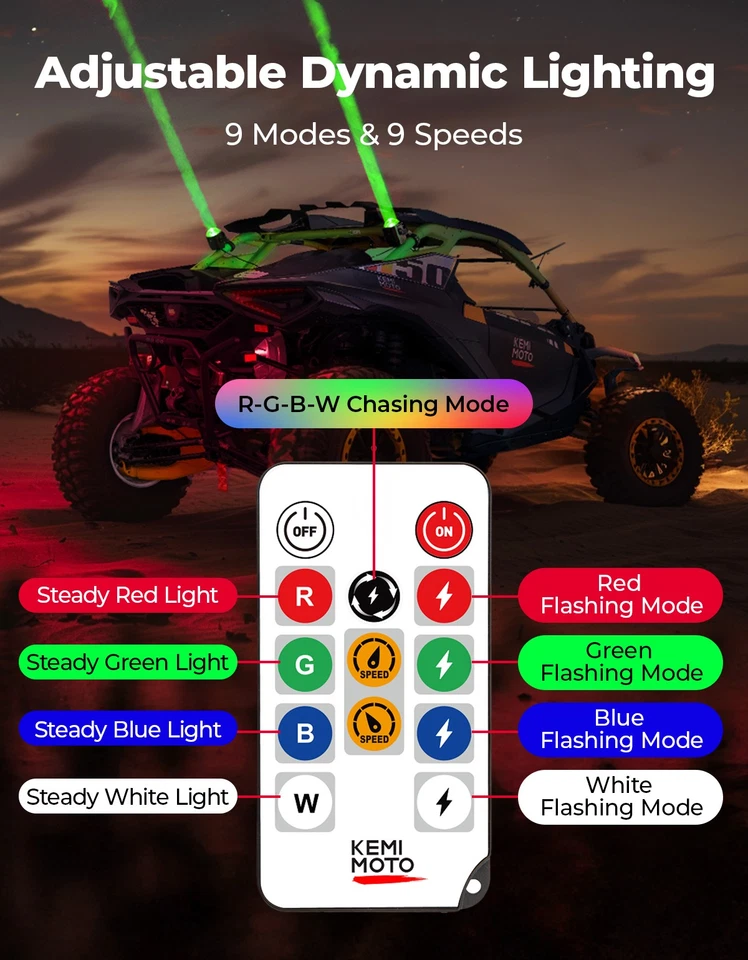 Luces de látigo láser dinámicas sin látigo con 9 modos de luz de persecución y flash para RZR X3 CFMOTO Foto 2 de 4
