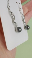 925 Sterling Silver Black Pearl Dangle Earrings – Twisted Drop Design