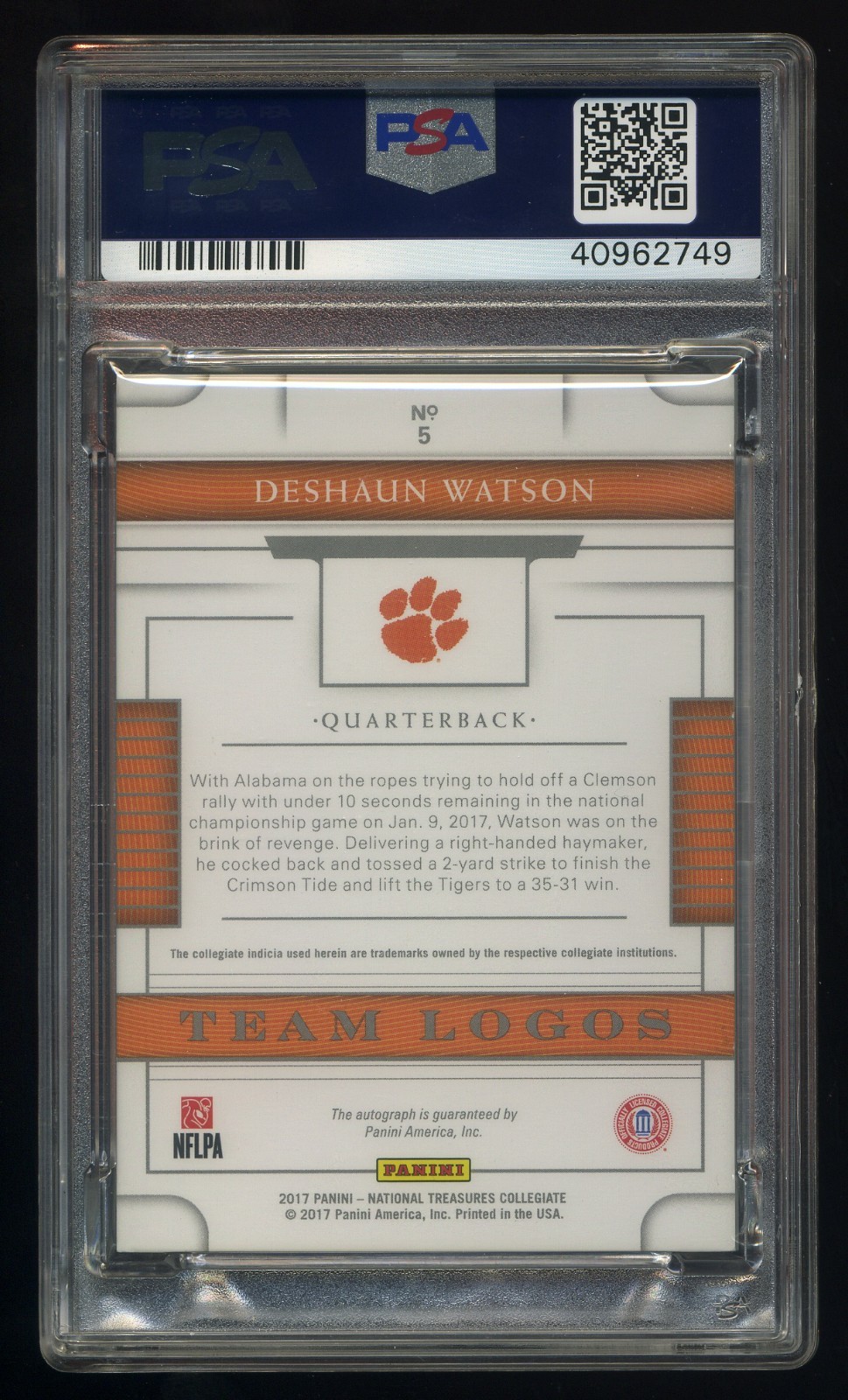 2017 Panini Nat. Treas. Cllgt. Team Logos RC Auto #5 Deshaun Watson 16/25 PSA 10 view 2