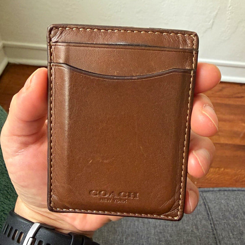 Coach Men’s Brown Solid Logo Money Clip Card Holder Wallet, Credit Card