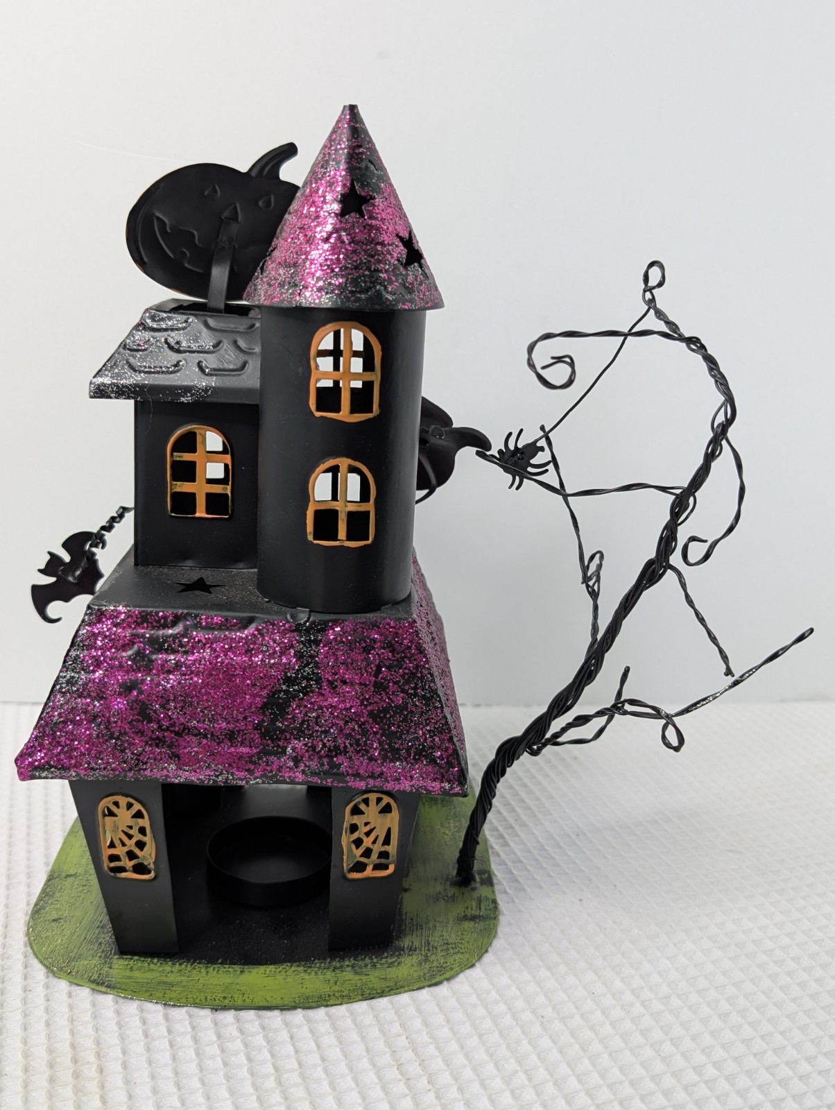 Vtg Metal Halloween Scary House Tea Light Candle Holder Kohl's Glitter Ghost