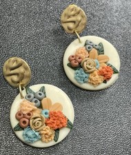 Vintage 1.8” Colorful Floral Polymer Clay Gold Tone Dangle Earrings