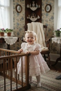 Bryan Baby Girl Party Dress Pink Lace Ruffle Satin Ribbon Rosette 3-6M vintage